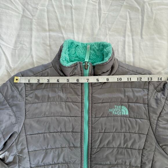 The North Face Grey Green Fleece Lined Reversible Girls Jacket USL 14-16 - Picture 4 of 9